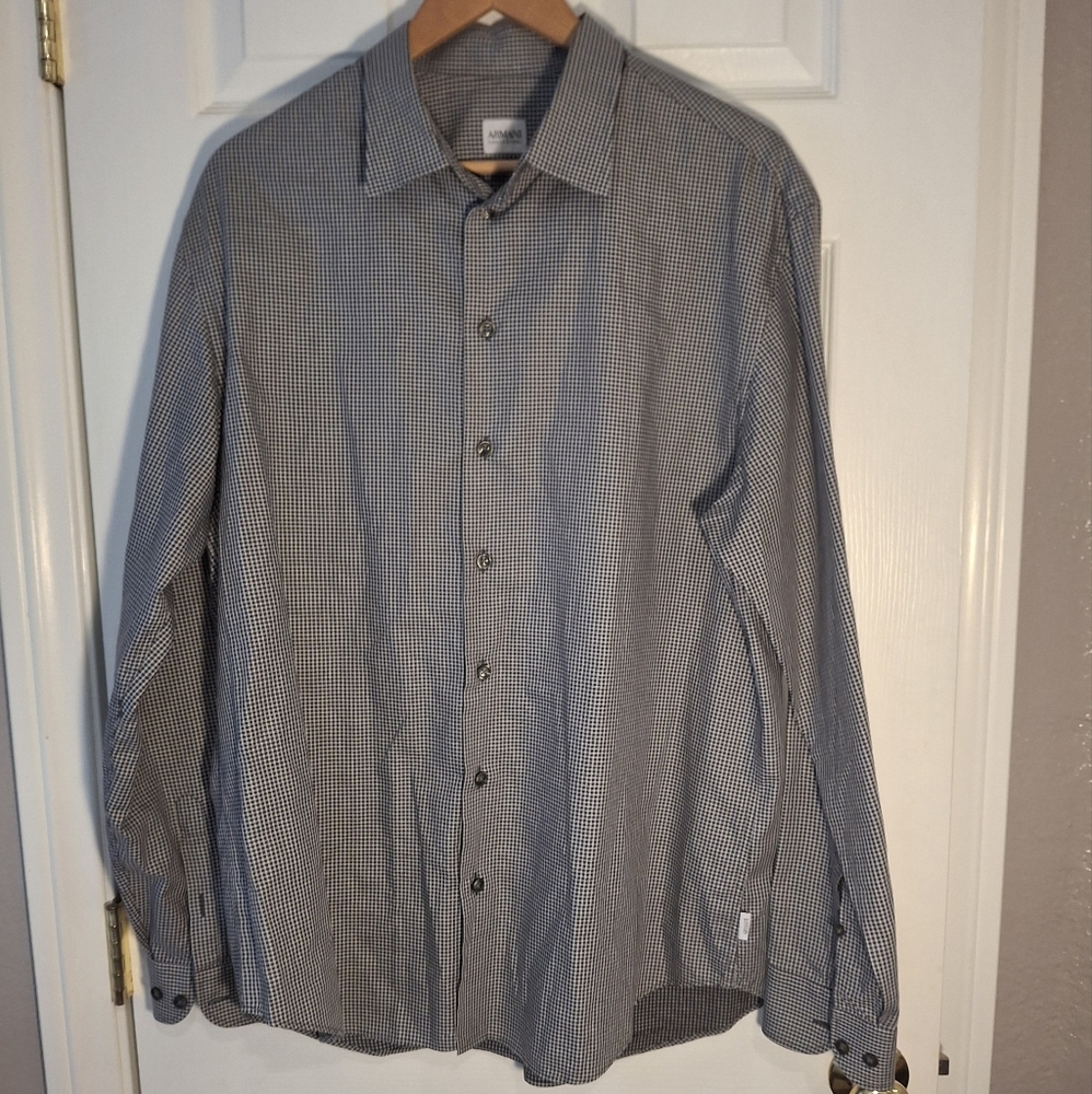 Armani Collezioni Long Sleeve Shirt Mens XL Reg Button Down Black Check Luxury